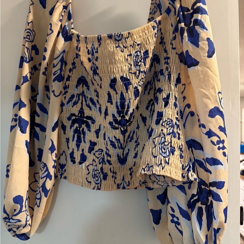 Sienna Sky Cream and Blue Smocked Floral Blouse